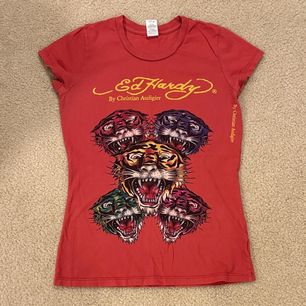 Ed Hardy Red Tee with Multicolor Tiger Graphics - Picture 1 of 6
